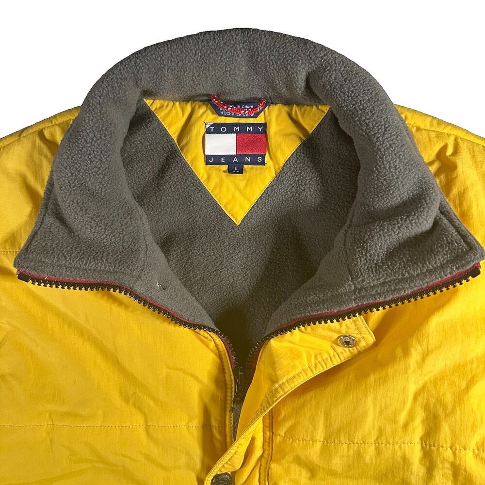 Vintage Tommy Jeans Mens Large Yellow Fleece Lined Puffer Vest Padded Coat Gilet